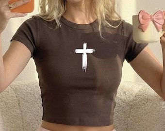 Brush Stroke Cross Baby Tee, Y2K Christian Crop Top, Minimalist Cross Crop Top, Religious Micro Rib Tee, Soft Girl Faith Cropped Shirt