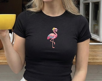 Cute Flamingo Baby Tee, Pink Flamingo Crop Top, Summer Vacation Shirt, Y2K Micro Rib Tee, Tropical Aesthetic Top, Cute Beach Cruise Shirt
