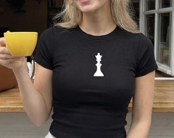 Minimalist Chess Crop Top, Queen Piece Cropped Tee, Gamer Y2K Micro Rib Tee, Soft Girl Aesthetic Baby Tee, Minimalist Chess Player Baby Tee
