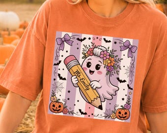 Comfort Colors® Cute Personalized Halloween Ghost Shirt, Personalized Teacher Gift, Cute Kawaii Ghost Design for Halloween