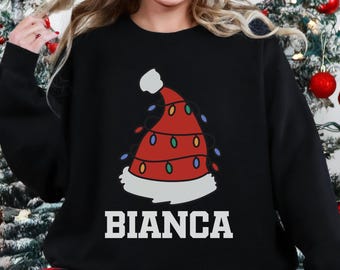 Custom Name Christmas Sweatshirt, Santa Hat Lights Hoodie, Matching Family Holiday Sweatshirt, Personalized Xmas Long Sleeve Gift