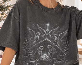 Comfort Colors® Nativity Scene Halftone Christmas Shirt, Religious Xmas Gift T-Shirt, Christian Shirt, Jesus Birth Shirt Shirt