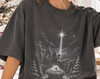 Comfort Colors® Christmas Nativity Scene Halftone Shirt, Christian Holiday Tee, Religious Christmas Gift, Vintage Nativity Christmas Shirt