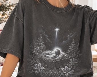 Comfort Colors® Baby Jesus Halftone Christmas Shirt, Nativity Scene Shirt, Christian Christmas Shirt Top, Religious Holiday Gift