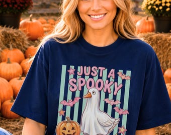 Comfort Colors® Cute Halloween Goose Shirt, Ghost Costume Graphic Tee with Pink Bats and Pumpkin, Funny Goose Halloween Tee
