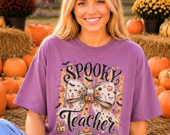 Comfort Colors® Cute Halloween Teacher Tee, Teacher Pumpkin Shirt, Halloween Graphic Tee for Educators, Fun Fall School Apparel
