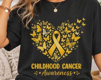 Childhood Cancer Awareness Shirt, Yellow Ribbon Butterfly Graphic Tee, Cancer Support Shirt, Pediatric Cancer Awareness Gift