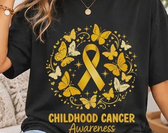 Childhood Cancer Awareness Shirt, Yellow Ribbon Butterfly Graphic Tee, Pediatric Cancer Support Shirt, Childhood Cancer Fighter Gift