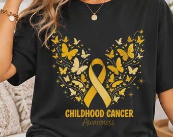 Childhood Cancer Awareness Butterfly Ribbon Shirt, Yellow Ribbon Shirt, Pediatric Cancer Support Gift, Youth Fighter Shirt