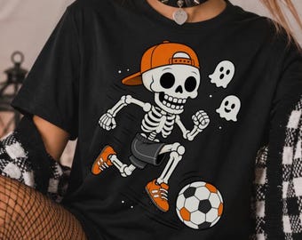 Comfort Colors® Halloween Soccer Skeleton Shirt, Creepy Football Player Tee, Ghostly Game Day Top, Funny Skeleton Soccer Ball Shirt