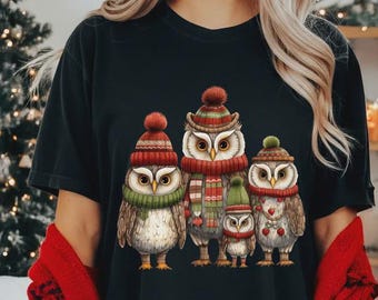 Cute Christmas Owl Shirt, Woodland Animal Holiday Tee, Winter Owl Graphic Shirt, Bird Lover Christmas Gift, Owl Graphic Shirt