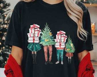 Family Christmas Tree Shirt, Watercolor Holiday Graphic Tee, Matching Family Xmas Outfits, Christmas Gift Shirt, Festive Xmas Party Top