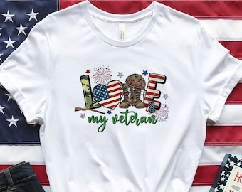 T-shirt met de tekst "Love My Veteran", cadeau voor Onafhankelijkheidsdag, veteranenshirt, shirt voor Memorial Day, grafische T-shirts voor Veteranendag, Amerikaans shirt, patriottische outfit