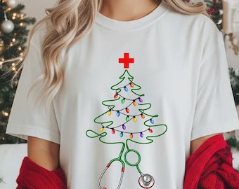 Christmas Stethoscope Tree T-Shirt, Festive Nurse Doctor Gift, Holiday Medical Professional Tee | Healthcare Worker Appreciation