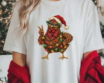 Christmas Chicken Shirt, Funny Holiday Hen Shirt, Festive Farm Animal Shirt, Santa Hat Chicken Lover Gift, Xmas Lights Bird T-Shirt