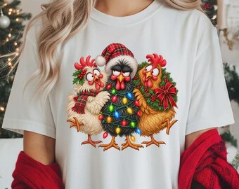 Christmas Chicken Shirt, Funny Holiday Rooster Tee, Festive Hen Shirt, Cute Farm Animal Gift, Merry Christmas Birds Xmas Top