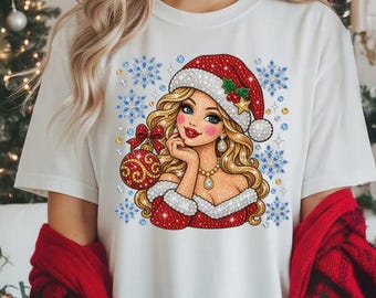 Cute Santa Girl Shirt, Glitter Look Christmas Woman Sweatshirt, Festive Santa Baby Longsleeve, Holiday Bling Graphic Apparel