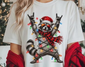 Rock Raccoon Christmas Lights Shirt, Funny Raccoon Santa Hat Shirt, Cute Christmas Sweater Alternative Gift, Holiday Party Shirt