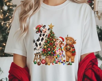 Cute Christmas Cow Shirt, Highland Cow Christmas Tree Shirt, Funny Xmas Cow Gift, Festive Farm Animal Tee, Holiday Cow Lover Present