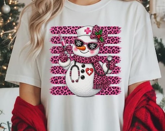 Christmas Nurse Snowman Shirt, Pink Leopard Print Holiday Scrub Shirt, Festive Medical Staff Gift, Winter Nurse Appreciation Shirt