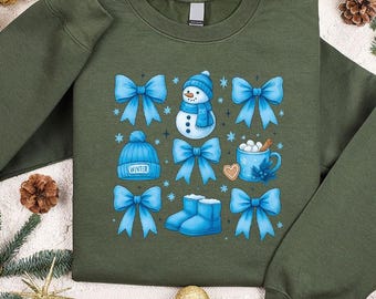 Blue Coquette Bow Christmas Sweatshirt, Merry Christmas Bow Long Sleeve Shirt, Cute Winter Holiday Hoodie, Womens Christmas Party Top