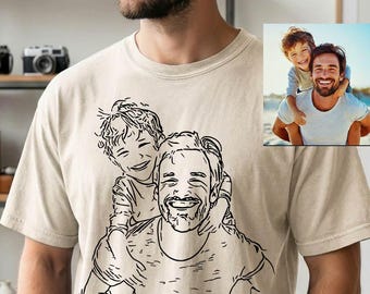 Comfort Colors® Custom Photo Outline Shirt, Personalized Line Art Dad and Son Tee, Fathers Day Gift from Son, Personalized Portrait Dad Gift