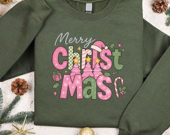 Merry Christmas Sweatshirt, Pink Green Retro Christmas Long Sleeve Shirt, Cute Coquette Holiday Hoodie, Christmas Tree Matching Xmas Top