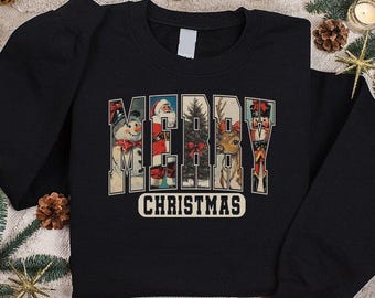 Merry Christmas Graphic Shirt, Vintage Christmas Sweatshirt, Womens Holiday Party Hoodie, Retro Christmas Gift, Cute Family Matching Tee