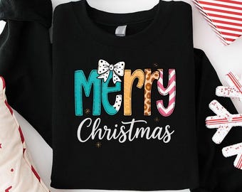 Merry Christmas Coquette Bow Sweatshirt, Cute Pink Bow Christmas Hoodie, Womens Matching Family Christmas Long Sleeve Shirt