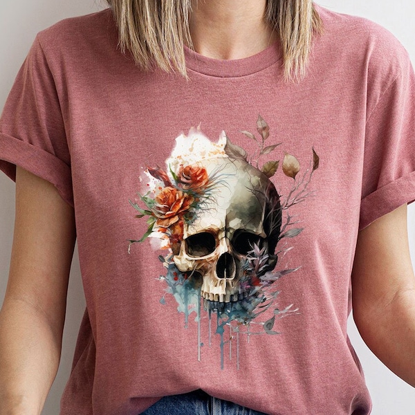 Watercolor Skulls Shirt, Groovy Graphic Tees, Cool Floral Skeleton T Shirt, Skeleton Clothing, Trendy Gift for Her, Birthday Gift for Women