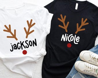 Matching Christmas Family Shirts, Cute Custom Name Reindeer Graphic Tees for Family, Funny Customizable Family Christmas Crewneck Shirts