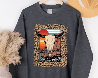 Cow Skull Graphic Tee, Southern Shirt, Western Shirt, Boho Hippie Style Bull Skull Desert Shirt, Unisex Crewneck Leopard Print Country Shirt