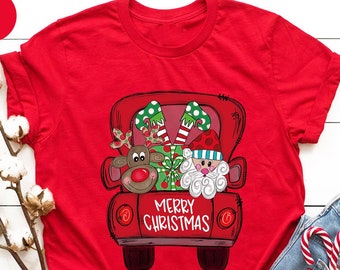 Chemises de Noël pour femme, chemise camion de Noël, t-shirt de Noël, t-shirt de Noël, jolies chemises de Noël, t-shirt adulte unisexe, chemise joyeuse