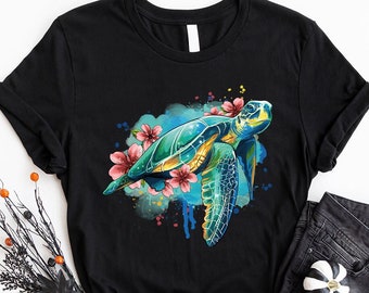 Floral Turtle Shirt, Sea Turtle Graphic Tees, Sea Animals Gifts, Trendy Oceans Clothing, Save the Turtles VNeck Shirt, Cute Gifts for Kids