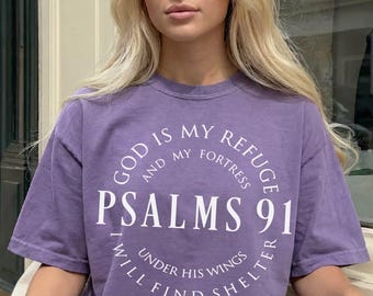 Comfort Colors® Vintage Bible Verse Tee, Psalms 91 Graphic T-Shirt, Aesthetic Church Shirt, Religious Gift for Husband, Trendy Faith Tee