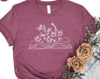 Minimalist Book Tshirt, Cute Wild Flower Shirt, Gifts for Bookworm, Reading Book Shirts, Aesthetic Floral Tshirt, Minimal Gift for Librarian