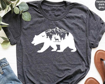 T-shirt de montagne, T-shirt de camping, T-shirt pour les amoureux de la nature, Cadeau pour campeur, T-shirt de randonnée, T-shirt cerf ours, Chemises d'extérieur, T-shirt de vacances