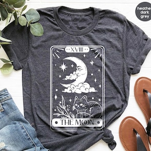 T-shirts cartes de tarot, t-shirts graphiques lune chat, cadeau pour elle, sweat-shirt ras du cou céleste, t-shirts mystiques, chemises pour femme, vêtements de sorcière