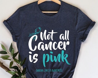 Camisetas de guerreras contra el cáncer de ovario, camiseta de luchadora contra el cáncer de ovario, camiseta de mujer con cuello en V, regalos de apoyo contra el cáncer, camisetas con estampado de lazo contra el cáncer.