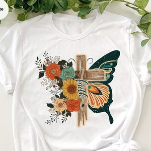 Retro Floral Christian Shirts For Women, Flower Butterfly Faith Cross Graphic Tee, Faith Shirt For Religious, Vintage Faith Cross Design Tee