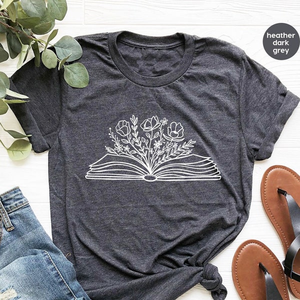 Reading Book Tshirt, Minimalist Flower Shirts, Floral Book Graphic Tees, Book Flowers Shirt, Gifts for Bookworm, Librarian Tshirts