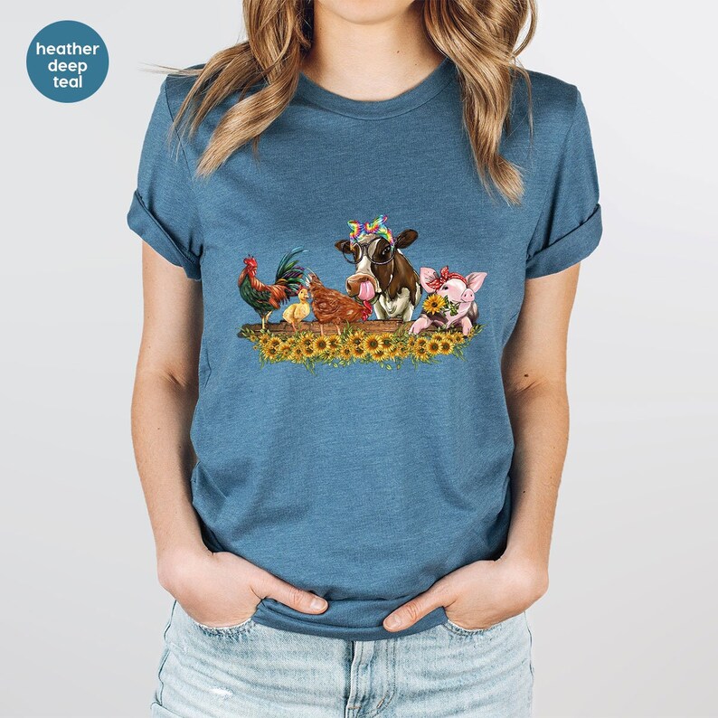 Farm Shirt, Farmer Vneck Shirt, Cute Animal Shirt, Country Tees, Farm Animal Graphic Tees, Cow Shirt, Chicken T-Shirt, Floral Shirt image 3