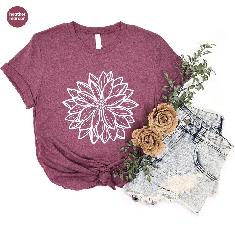 Minimalist Flowers Shirt, Botanical Graphic Tees, Mothers Day Gifts, Women Vneck Tshirts, Floral Gift for Her, Cool Flower T-Shirt image 3