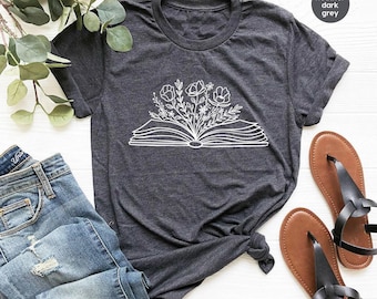 Reading Book Tshirt, Minimalist Flower Shirts, Floral Book Graphic Tees, Book Flowers Shirt, Gifts for Bookworm, Librarian Tshirts