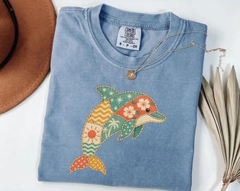Comfort Colors® Retro Dolphin Patchwork Shirt, Summer Beachwear for Ocean Lovers, Vintage Marine Life Apparel, Unisex Tank Top