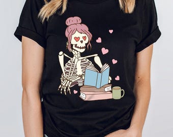 Skeleton Reading Shirt, Funny Skeleton Shirt, Library Skeleton Shirt, Book And Coffee Shirt, Teacher Gift Shirt, Skeleton with Coffee Shirt
