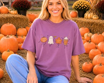 Comfort Colors® Cute Creepy Halloween Shirt, Pumpkin Ghost Maple Leaf Design, Fall Festive Apparel for Seasonal Fun