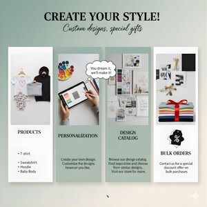 The image is a collage of three images, each depicting different aspects of custom design and special gifts. The first image shows a person creating a design on a tablet, the second image displays a design catalog, and the third image shows a person browsing a design catalog.