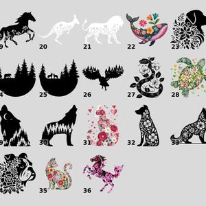a collection of 16 different animal silhouettes and floral designs, each with a unique pattern and color scheme.