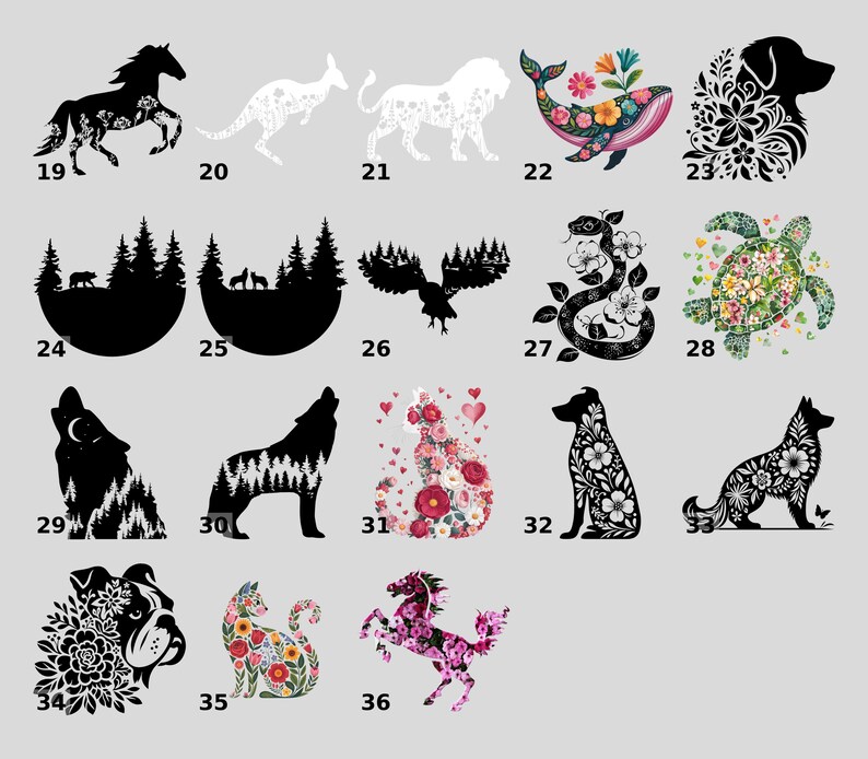 a collection of 16 different animal silhouettes and floral designs, each with a unique pattern and color scheme.